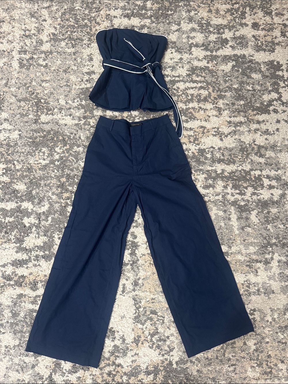 Commense Navy Strapless Wide-Leg Jumpsuit with Self-Tie Belt